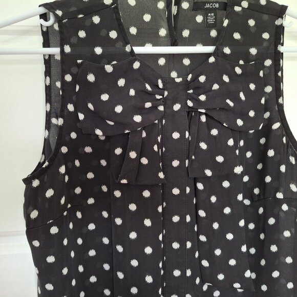 100% Silk Black and White Polkadot Sleeveless top with bow - Picture 7 of 15